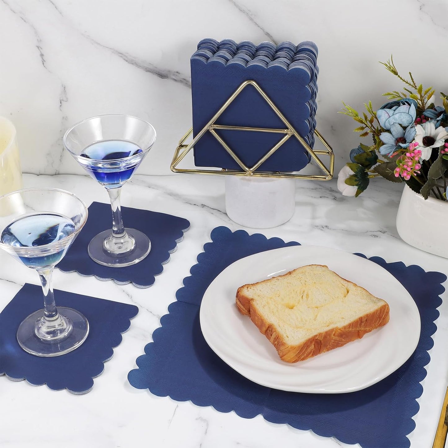 120 Pcs Navy Blue Napkins, Scalloped Blue Cocktail Napkins Disposable Beverage Dessert Napkin Patriotic Napkin for Bar Birthday Baby Shower, 5 x 5 Inch