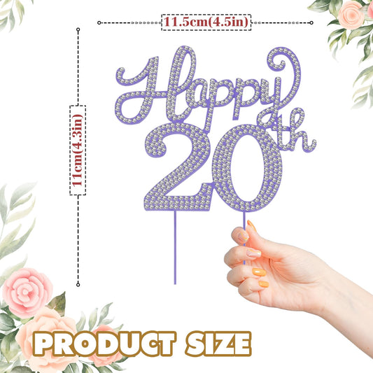 LASKYER Happy 20th Birthday Decorations,20th Birthday Purple Rhinestone Cake Topper - Cheers to Twenty Years Old Bday Party Metal Sparkly Cake Centerpieces Sign.
