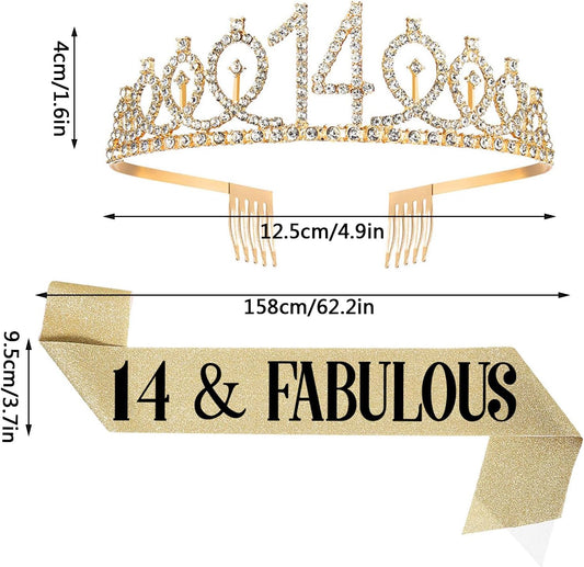 14th Birthday Sash and Tiara, 14 & Fabulous Sash and Tiara Birthday Crown, Happy 14th Birthday Gifts for Party Favors Supplies and Decorations, Gold