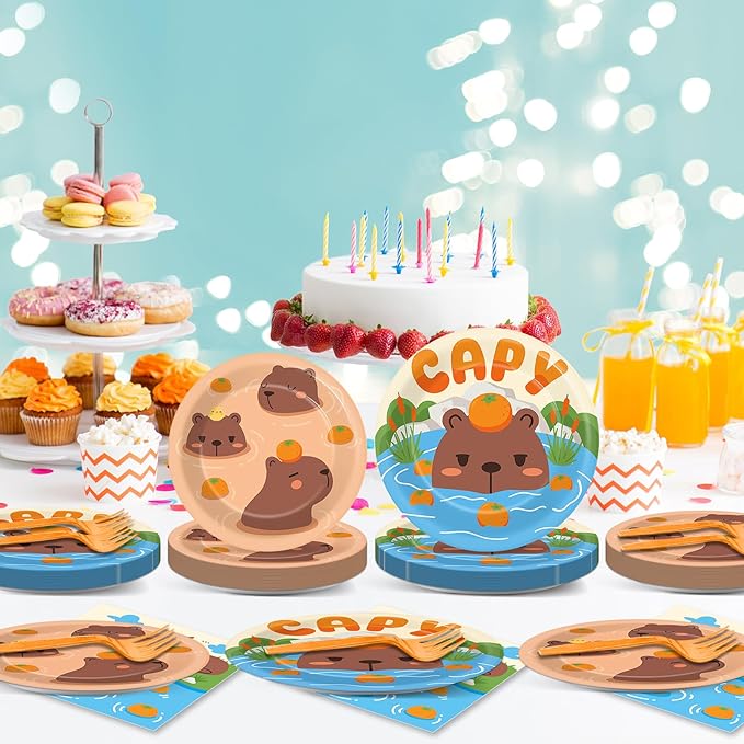 OBUSATT 96Pcs Capybara Birthday Party Supplies - Capybara Paper Plates, Napkins, Decorations, Zoo Pals Dinnerware, Party Favors, Cute Animal Tableware Serves 24