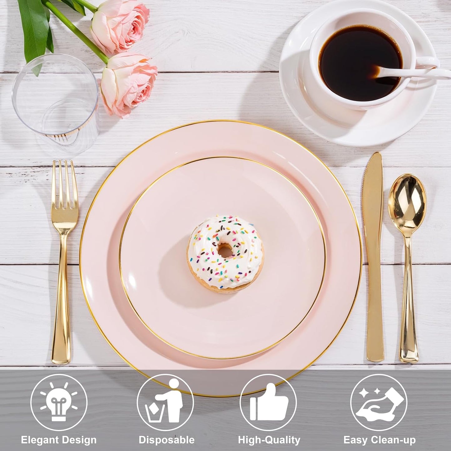Nervure 100Pieces Pink and Gold Plastic Plates - 7.5inch Disposable Pink Salad/Dessert Plates - Heavy Duty Plastic Plate Ideal for Wedding & Party