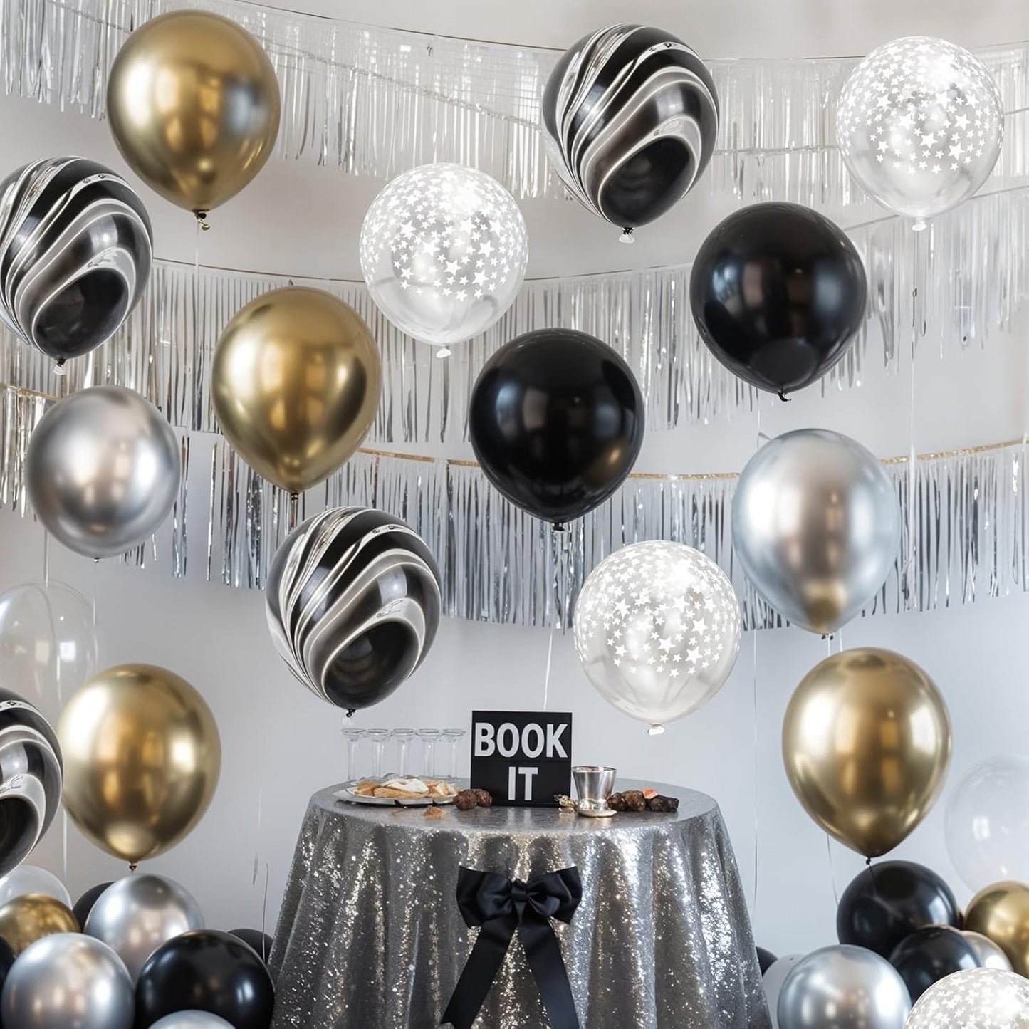 Black Gold Silver Balloon Set – 12 Inch Marble Chrome Star Print Latex Balloons for Graduation & Birthday Party