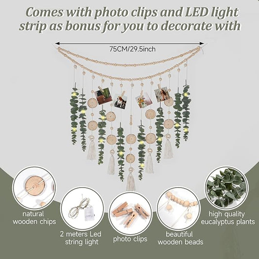 Artificial Hanging Eucalyptus Wall Decor Fake Greenery Leaves Wall Hanging Plants on Long Wooden Beads Garland Wall Art Large Boho Rustic Farmhouse Decor for Bathroom Bedroom Living Room Sage Green