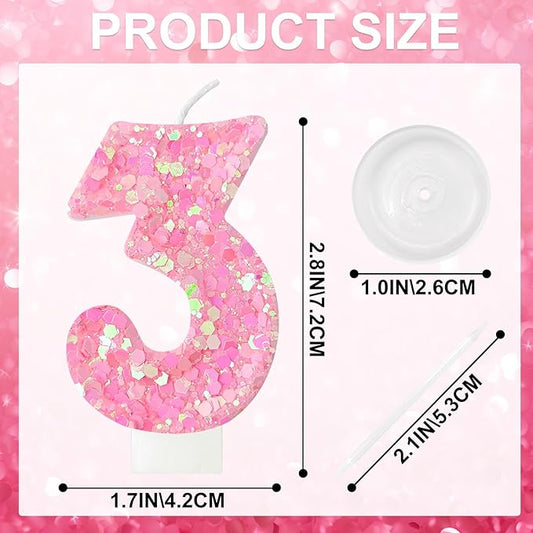 Zailo Birthday Number Candles, Glitter Number Candle Cake Decorations with Sequins, Cupcake Decorations for Girls, Women, Party Anniversary Celebrations (Number 3, Light Pink)