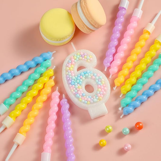 PHD CAKE Number 6 Birthday Candle Macaron Glitter Number Candle with Rainbow Spiral Candles in Holders for Cake Topper, Pastel Sweet Theme Party Decoration
