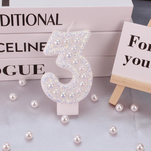 Birthday Candles, Number 3 Birthday Candle for Cake, Birthday Candles Sparklers with Holographic Colored Pearls, 3.35" Large Pearl Candles for Three Sweet Birthday Party Decoration Supplies