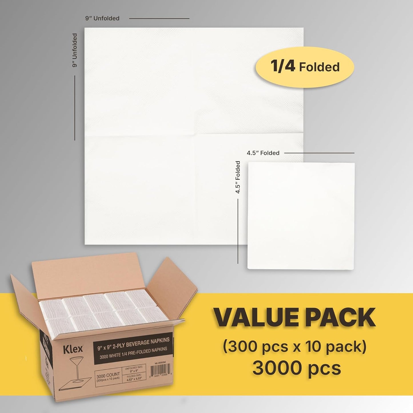 Klex 4.5" x 4.5" Folded White Beverage Napkins, 2-Ply Bulk Cocktail Napkin - 3000 Count (9"x9" Unfolded)