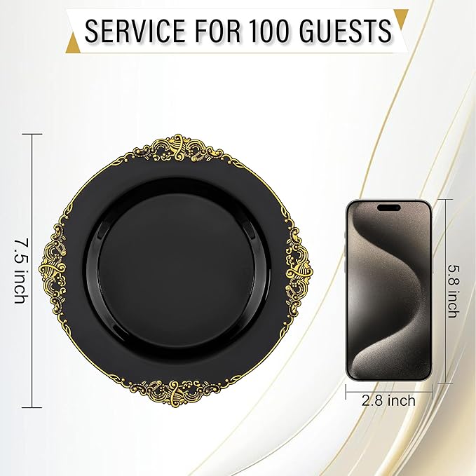 Nervure 100PCS Black Gold Plastic Plates - 7.5 inch Black Plastic Plates with Gold Rim - Disposable Dessert Plates for Wedding & Party