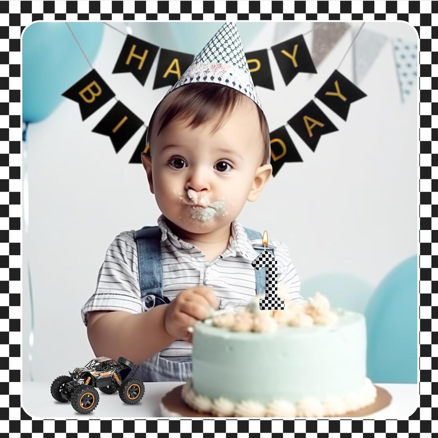 Racing Cars Themed Birthday Candle Number 1 Checkered Candle Birthday Party Decoration Cake Topper for Racing Car Party Decoration Theme Party Supplies (Number 1)