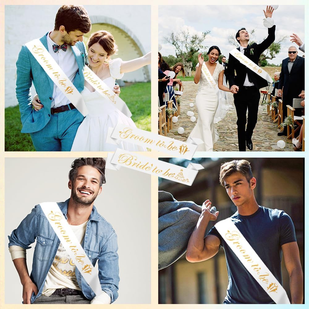 Bride Sash Groom Sash 2PCS Bride and Groom Sash Set White Bridal Sash Bachelorette Party Supplies Bride Gifts Bachelorette Outfit for Bride Accessories for Bachelorette Party Bridal Shower Favors