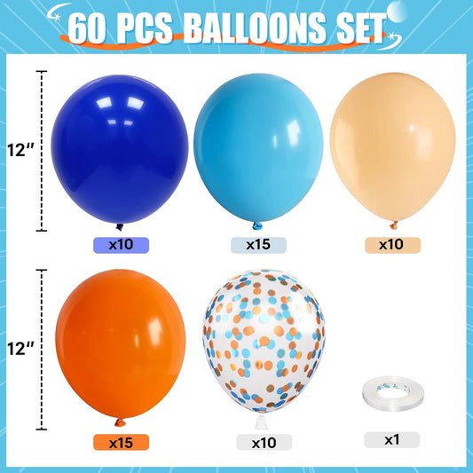 Blue and Orange Balloons, 60PCS 12 Inch Royal Light Blue and Orange Beige Balloon Confetti Balloons for Kids Space Theme Party Baby Shower Birthday Graduation Party Decoration