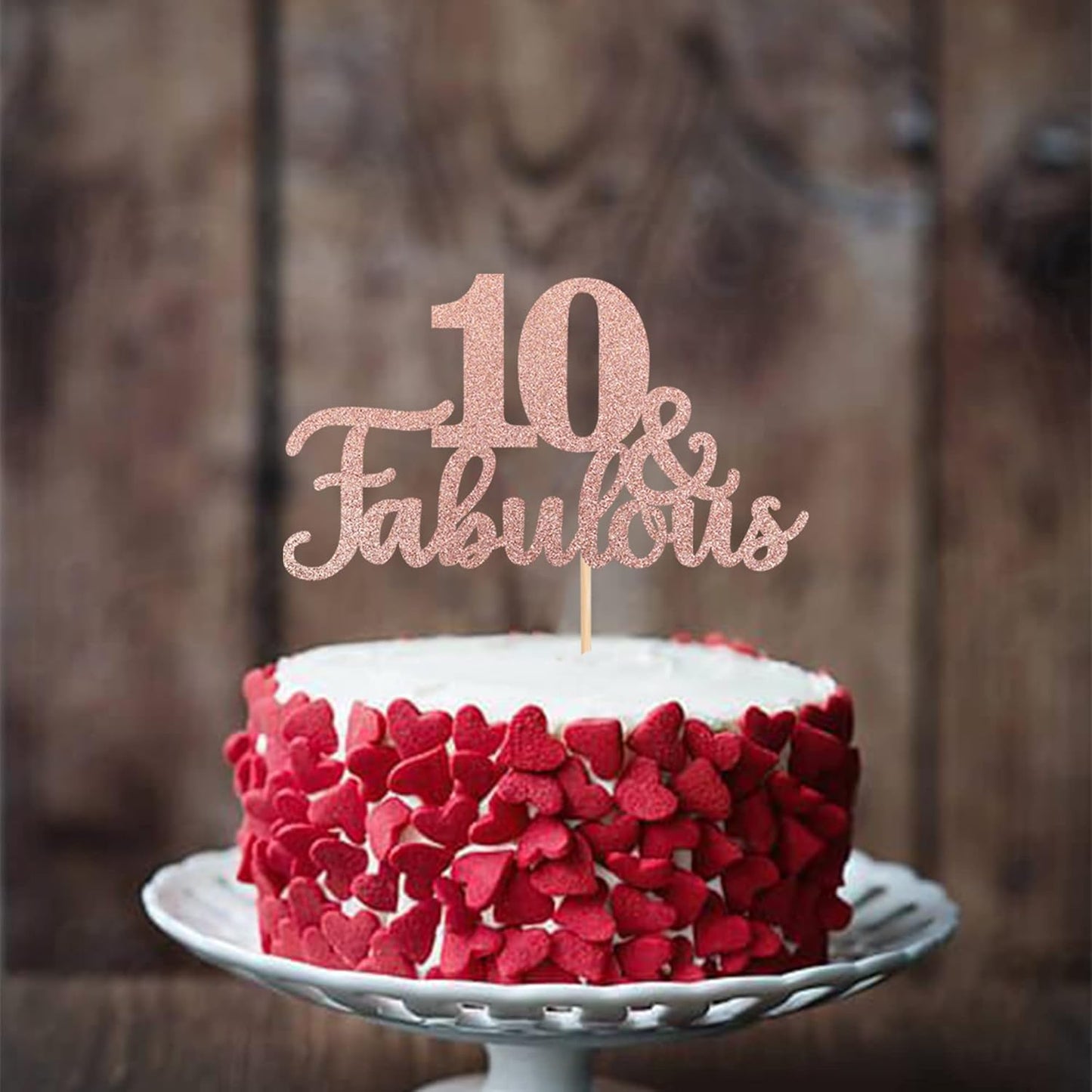 1 PCS 10 & Fabulous Cake Topper Glitter Ten and Fabulous Cake Toppers Happy 10th Birthday Cake Pick for 10th Wedding Anniversary Birthday Party Cake Decorations Supplies Rose Gold