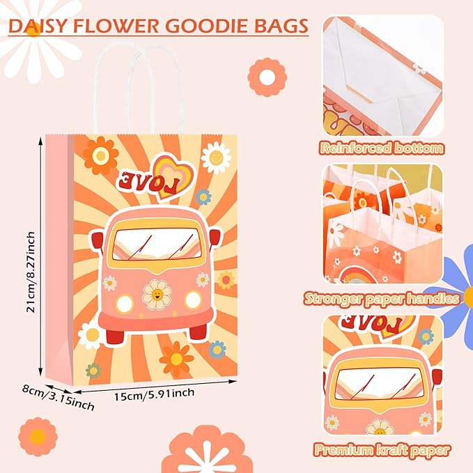 Glenmal 24 Pcs Hippie Party Goodie Bags Groovy Candy Bags Boho Party Supplies for Girls Birthday Baby Shower Decorations Daisy Flower Paper Treat with Handles Retro Themed Favors