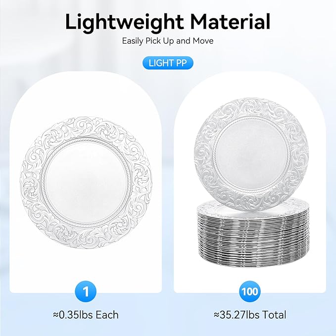 100 Pcs Silver Charger Plates Bulk, 13 In Round Charger Plates, Reusable Serving Silver Plate Chargers with Plastic Embossed Patterns for Wedding Dinner Party Event Decor