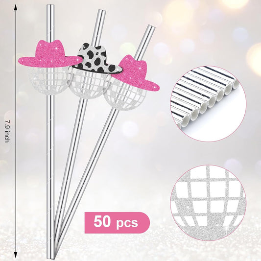 Tanlade 50 Pcs Mini Disco Ball Straws 70s Disco Straws Mirror Glitter Cowgirl Hat Party Decorations for Dance Holiday Wedding Birthday Supplies(Pink, Black)