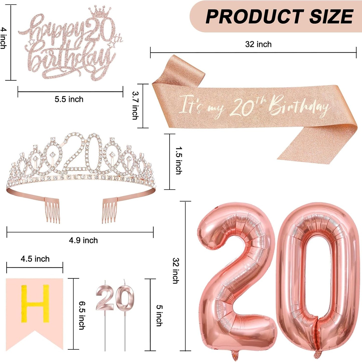 20th Birthday Decorations for Women, Including 20th Tiara and Sash, Happy Birthday Banner, Cake Toppers, Number Candles and Balloons Set, Rose Gold
