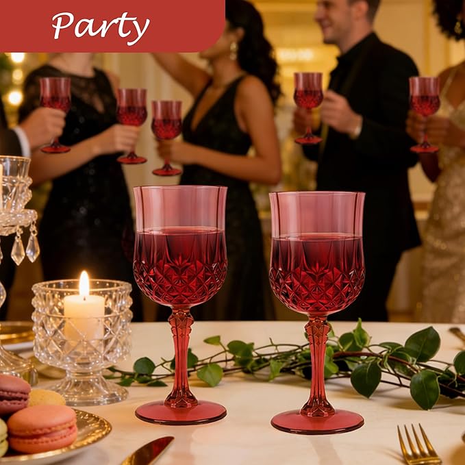 Plastic Wine Glasses, Plastic Goblets Vintage Style Cordial Unbreakable Drinking Glasses, Reusable Drinkware for Wedding Reception, Grand Event Party Supplies, Easter (12, Scarlet Rose)