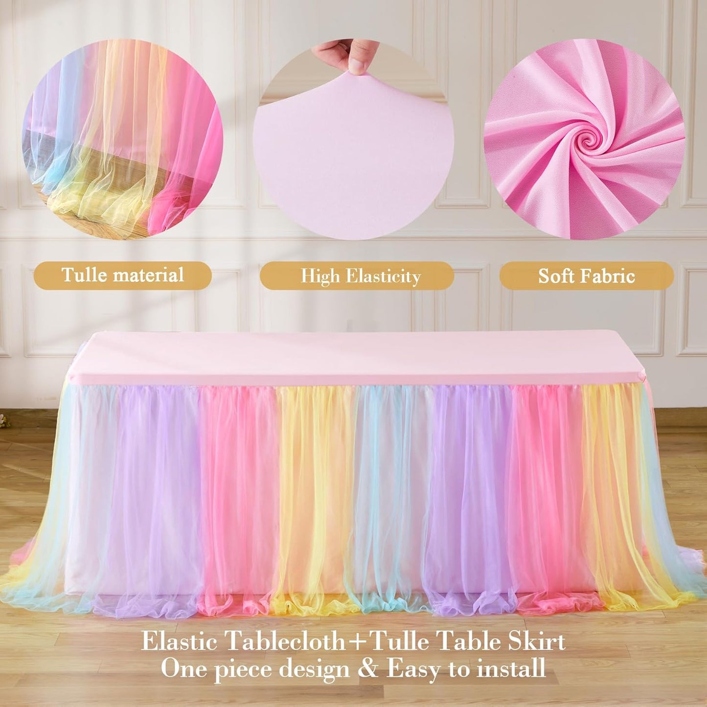 4 Pack 6ft Rainbow Tulle Tablecloths for Rectangle Tables, 6 Foot Rainbow Rectangular Table Cloth Wrinkle Free Tablecover with Tutu Skirt for Baby Shower Girls Birthday Party Banquet Buffet Cake
