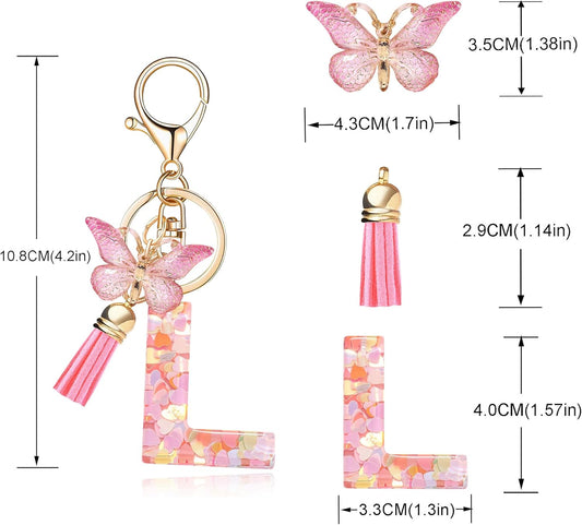 Fashion Alphabet Initial Letter Keychain Tassel Butterfly Pendant Key Ring for Purse Handbags Women Girl