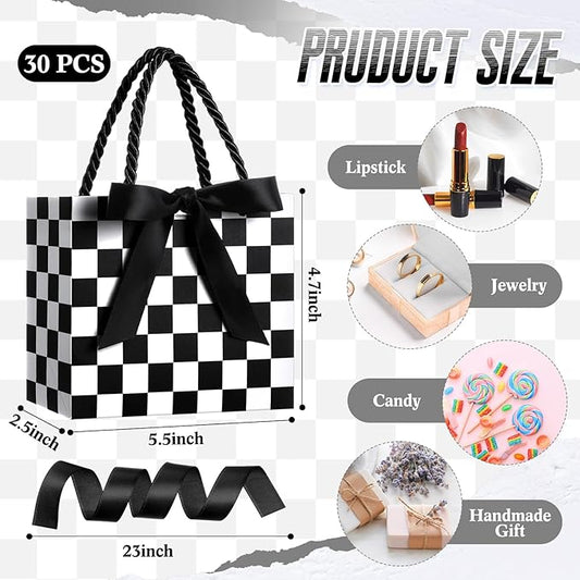 Moinchore 30 Pcs Checkered Racing Treat Bags with Handles 5.5 x 4.7 x 2.5 in Black and White Race Car Party Favor Checkered Goodie Gift Bags Bulk for Candy Cookies Snacks, Speedway Birthday Decoration