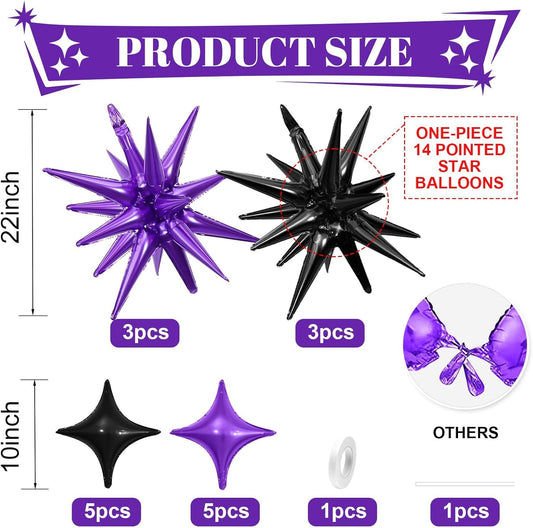Black Purple Star Balloon,6Pcs 22Inch Explosion Star Balloons and 10Pcs 10Inch Four Angle Balloons Kit for Halloween Birthday Anniversary Graduation Baby Shower Wedding Party Decorations