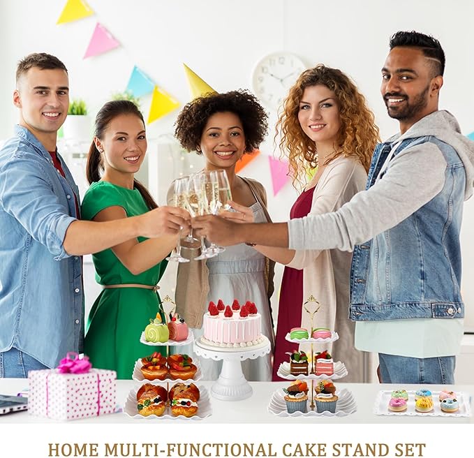 Willinglong 12 Pcs Dessert Cupcake Stand Holder, Cake Table Display Set Include 5 Cupcake Stand Tiered Tower 1 Cake Holder 6 Serving Tray Combo for Tea Party Birthday Baby Shower Wedding(White,Gold)