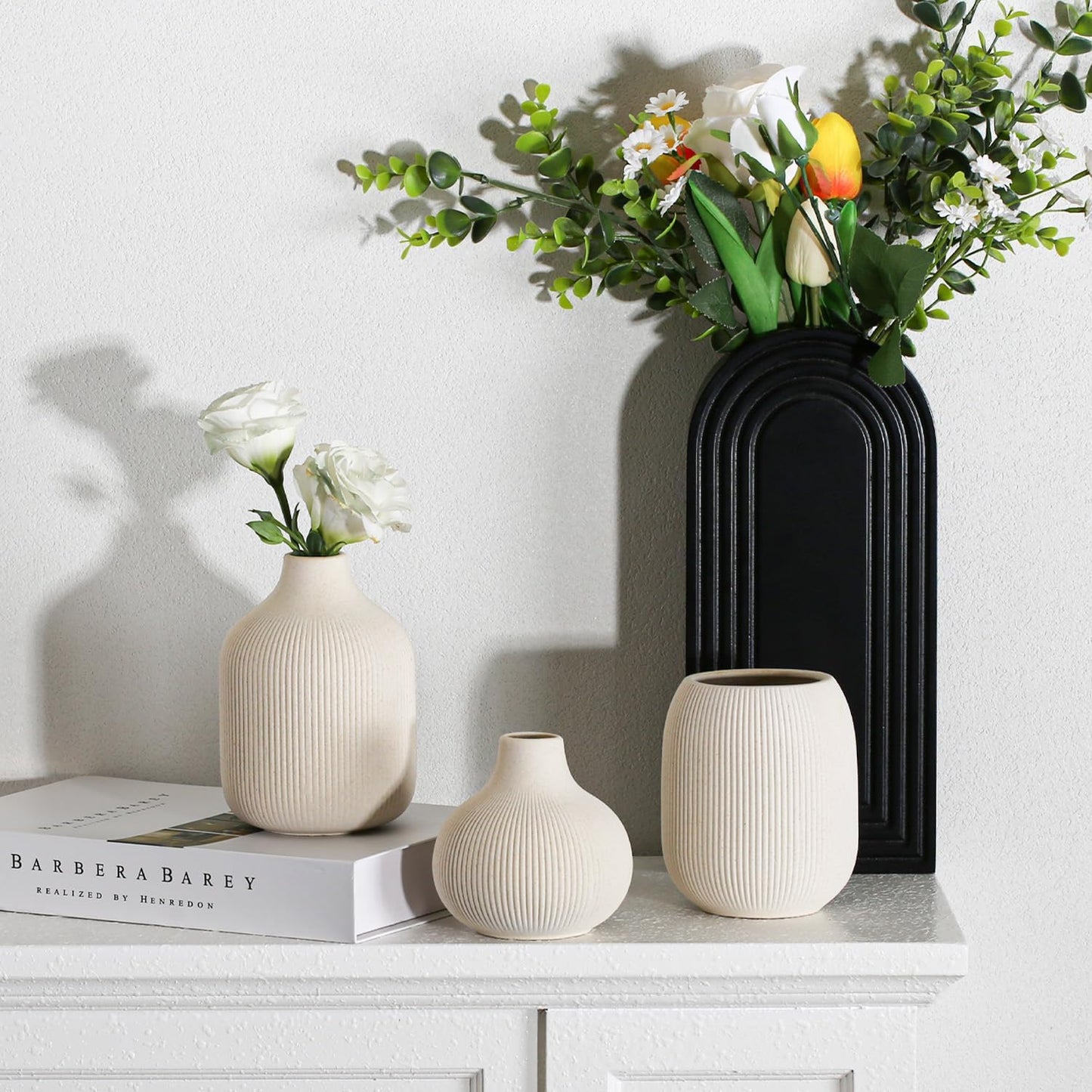 Modern Beige Ceramic Vase Set of 3, Ribbed Texture Boho Minimalist Home Decor, Small Decorative Vases for Centerpiece, Shelf, Tabletop - Aesthetic Touch for Neutral & Transitional Spaces