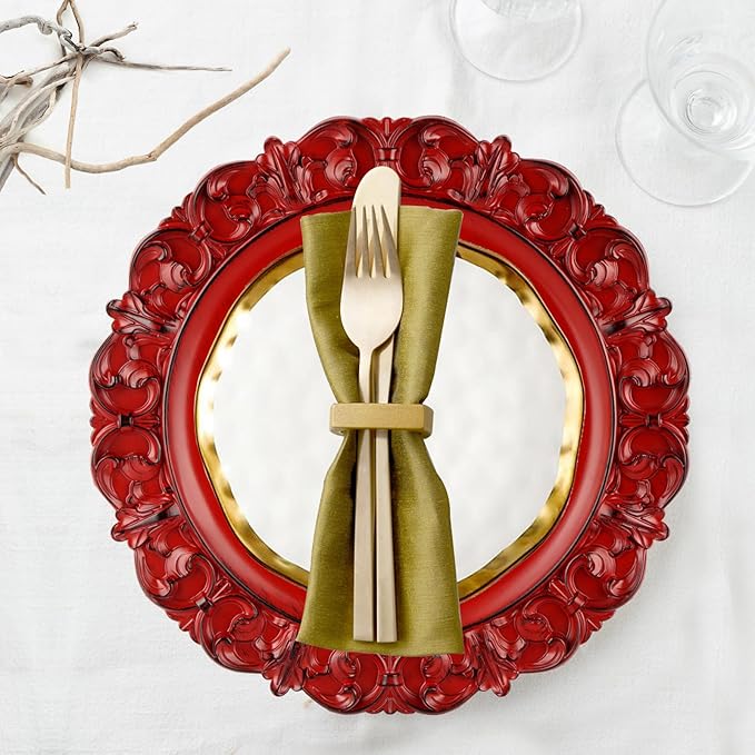 Gifturbo 13" Antique Red Charger Plate Set of 6, Chargers for Dinner Plates with Embossed Rims, Round Plastic Plate Chargers for Christmas, Wedding, Elegant Tableware Decoration
