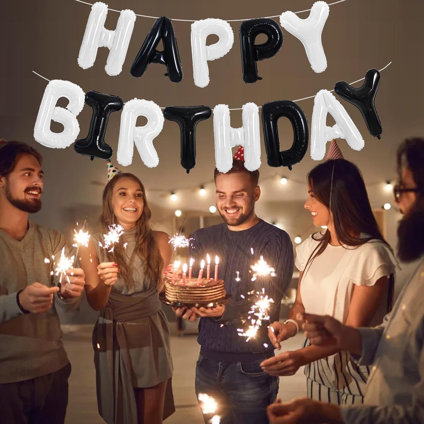 TONIFUL Happy Birthday Balloons Banner 16 Inch Mylar Foil Letters Birthday Sign Reusable for Girls Boys Kids & Adults Birthday Party Decorations Supplies(Black White)