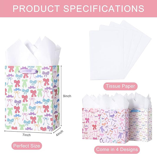 Loveinside Medium Size Gift Bags, Colorful Bow Pattern Gift Bag with Tissue Paper for Shopping, Parties, Wedding, Baby Shower, Craft-4 Pack, 7" X 4" X 9"