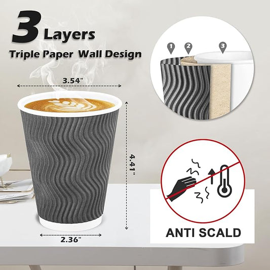 Lamosi 12 oz Insulated Coffee Cups Disposable - 50 Count Grey Paper Coffee Cups No Lids 12oz, Corrugated Ripple Wall Design for Hot Cold Drinks