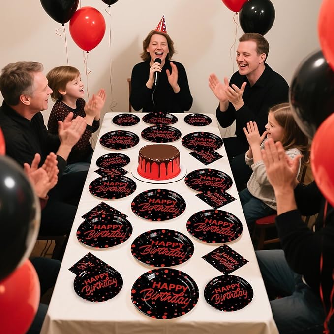 Grencian 96Pcs Red and Black Birthday Party Decorations Red Polka Dots on Black Paper Plates and Napkins Disposable Dessert Tableware for Men Women Stranger Birthday Party Decorations Serves 24