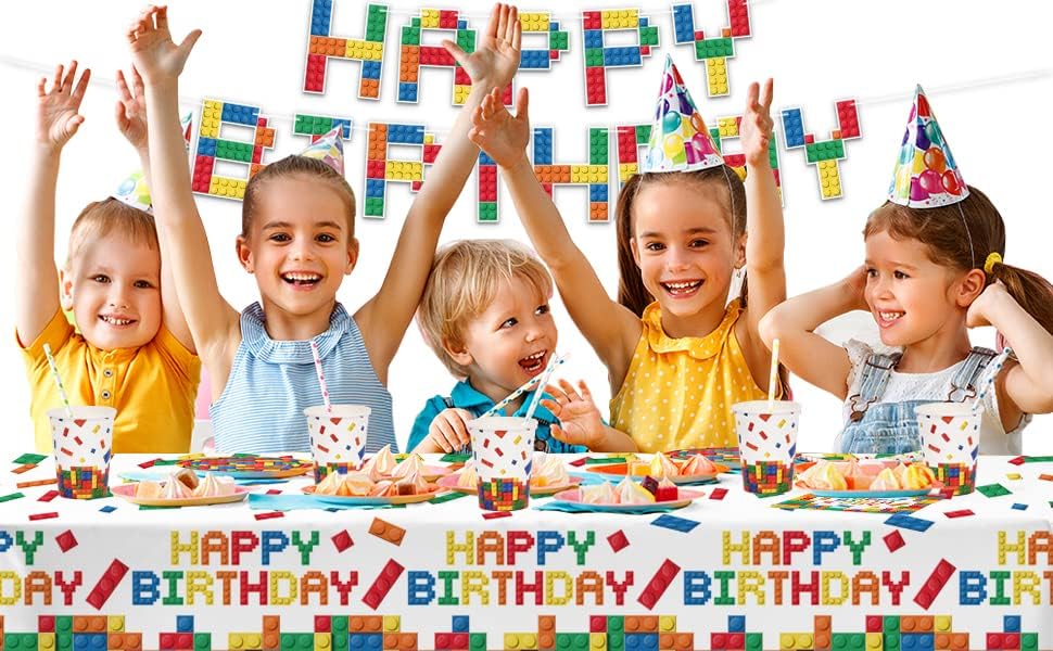 Building Block Party Supplies Paper Plates Napkins Cups Tablecloth Banner for Colorful Building Block Birthday Party Decorations for Boys, Kid’s Birthday Party Decorations Serve 25