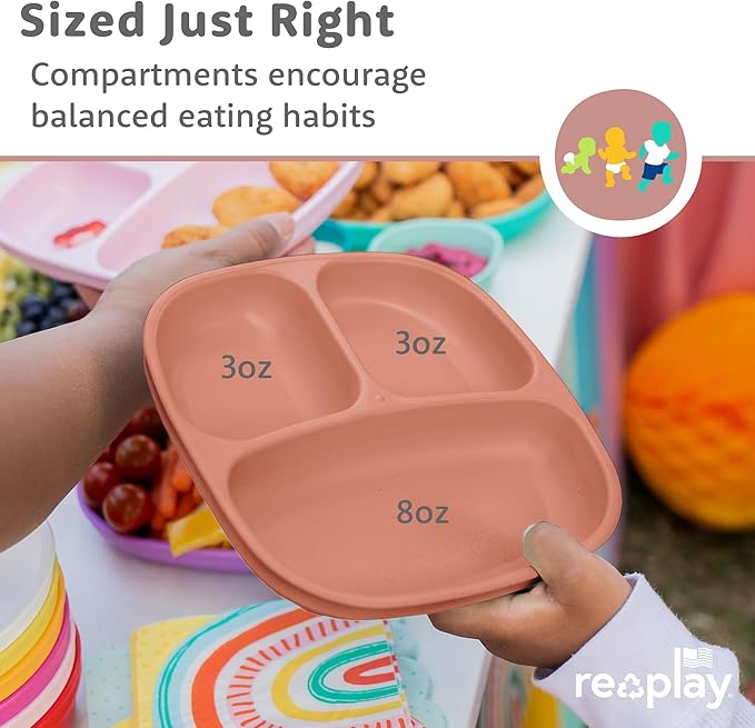Re-Play Toddler Plates with Dividers - Deep-Walled 3 Compartments Divided Plates for Kids with 3 Lids - Dishwasher & Microwave Safe - Made in USA - Set of 3-7.37" x 7.37" x 1.25" - Berry