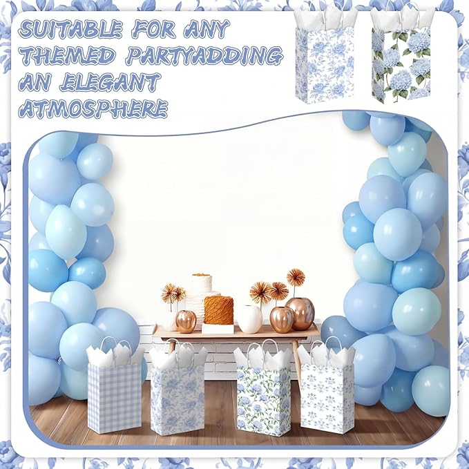 Kolldenn 24 Pcs Hydrangea Floral Party Gift Bags with Handles Paper Candy Treat Goodie Bags Scalloped for Birthday Decoration for Bridal Baby Shower Tea Party Supplies