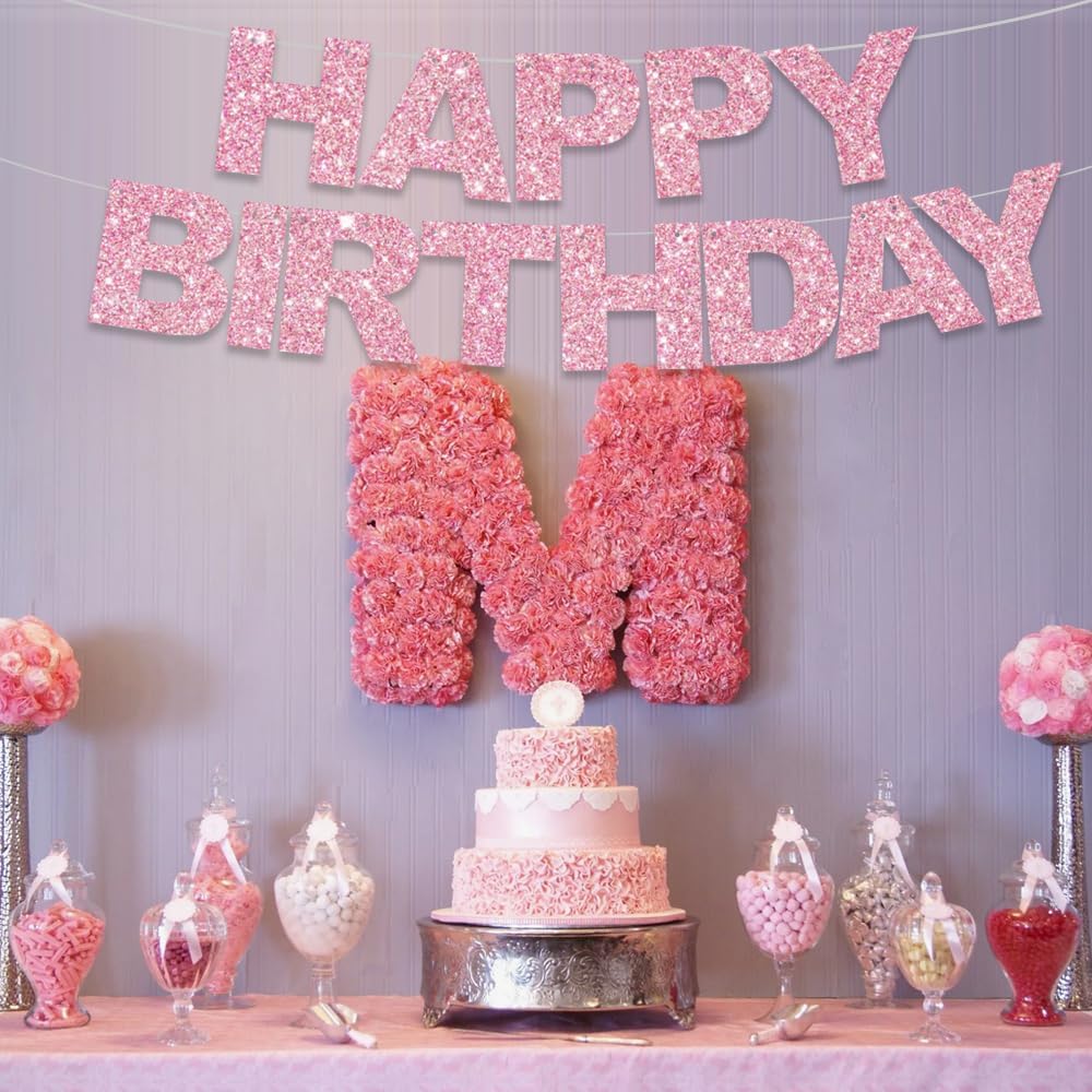 BEISHIDA Pink Happy Birthday Banner - Pre-Strung,No DIY Party Decorations - Happy Birthday Sign - Birthday Banner for Women, Kids - Backdrop