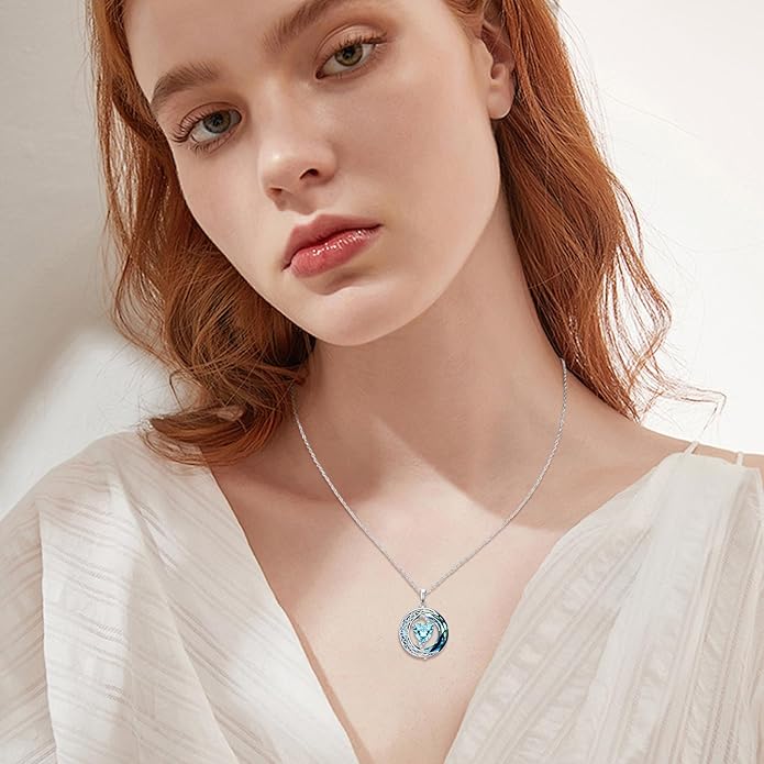 Valentines Day Gifts for Women, Birthstone Necklace for Women, Celtic Moon Pendant Blue Crystal Necklace Heart Jewelry Anniversary Jewelry Gift for Daughter Wife Mother Sister