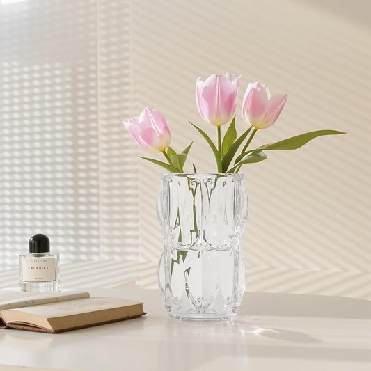 VECELO Crystal Glass Vase - Textured Clear Flower Vase for Fresh Flowers & Hydroponic Plants, Modern Decorative Centerpiece for Dining Table, Coffee Table & Home Décor, 7.28 Inches