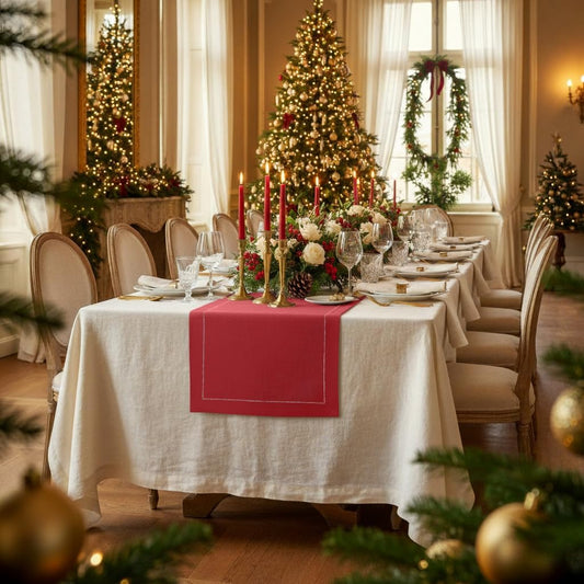 D'Moksha Homes Linen Bright Red Table Runner 90 Inches Long - Classic Hemstitch 100% Pure Linen Dining Table Runner 14 x 90 Inch for Fall, Autumn and Halloween