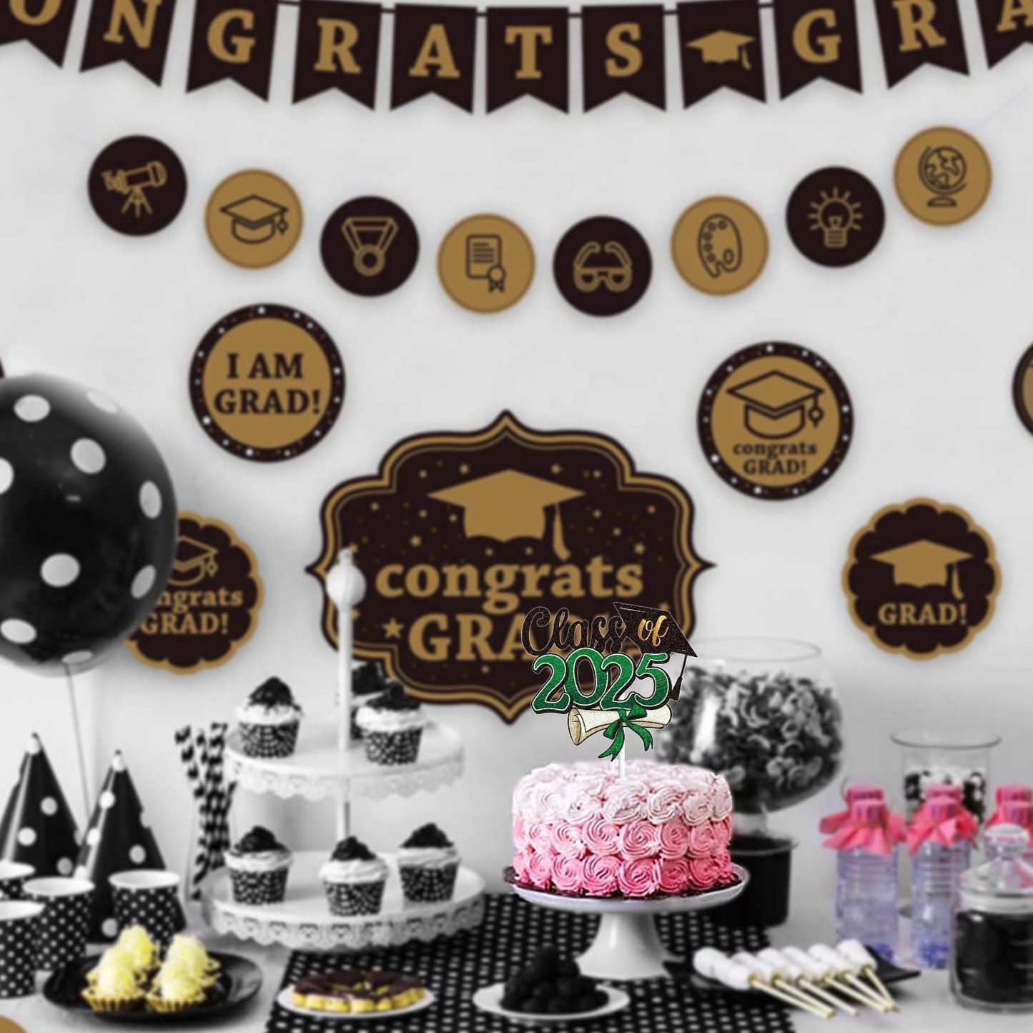 LINGBOOM Class of 2025 Happy Graduation Cake Topper Green Glitter Grad 2025 Happy Graduation We are So Proud of You Cake Decorations Congrats Grad Party Supplies (Green)