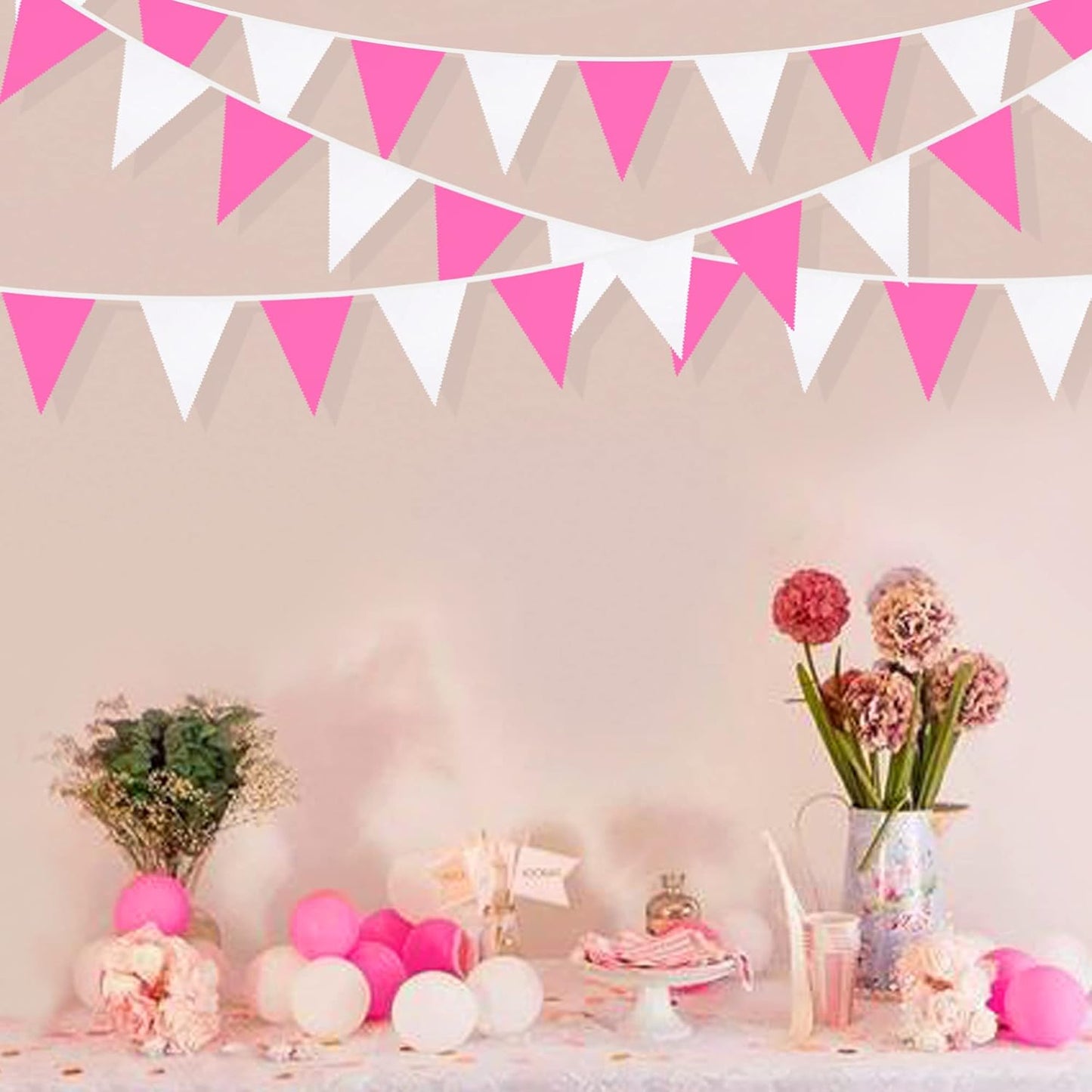 32Ft Rose Hot Pink White Pennant Banner Fabric Triangle Flag Cotton Bunting Garland Kit for Wedding Birthday Baby Shower Anniversary Party Home Nursery Outdoor Garden Hanging Festivals Decoration