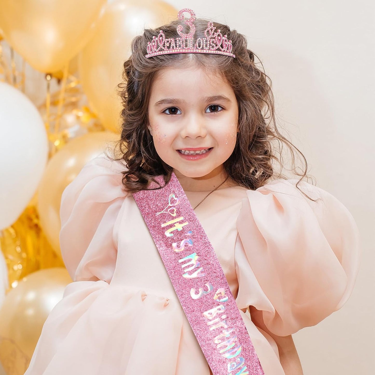 3rd Birthday Decorations for Girls Set - Happy 3rd Birthday Princess Crown and Glitter Sash, 3 Year Old Girl Tiara Party Decorations Supplies Outfit Accessory Gifts