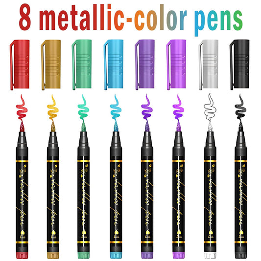 Christmas Temporary Tattoo Markers for Kids and Adults, 8 Metallic Markers and 165+ Temporary Tattoo Stencil Designs for Christmas, Cosmetic Tattoos Pens for Party Favor