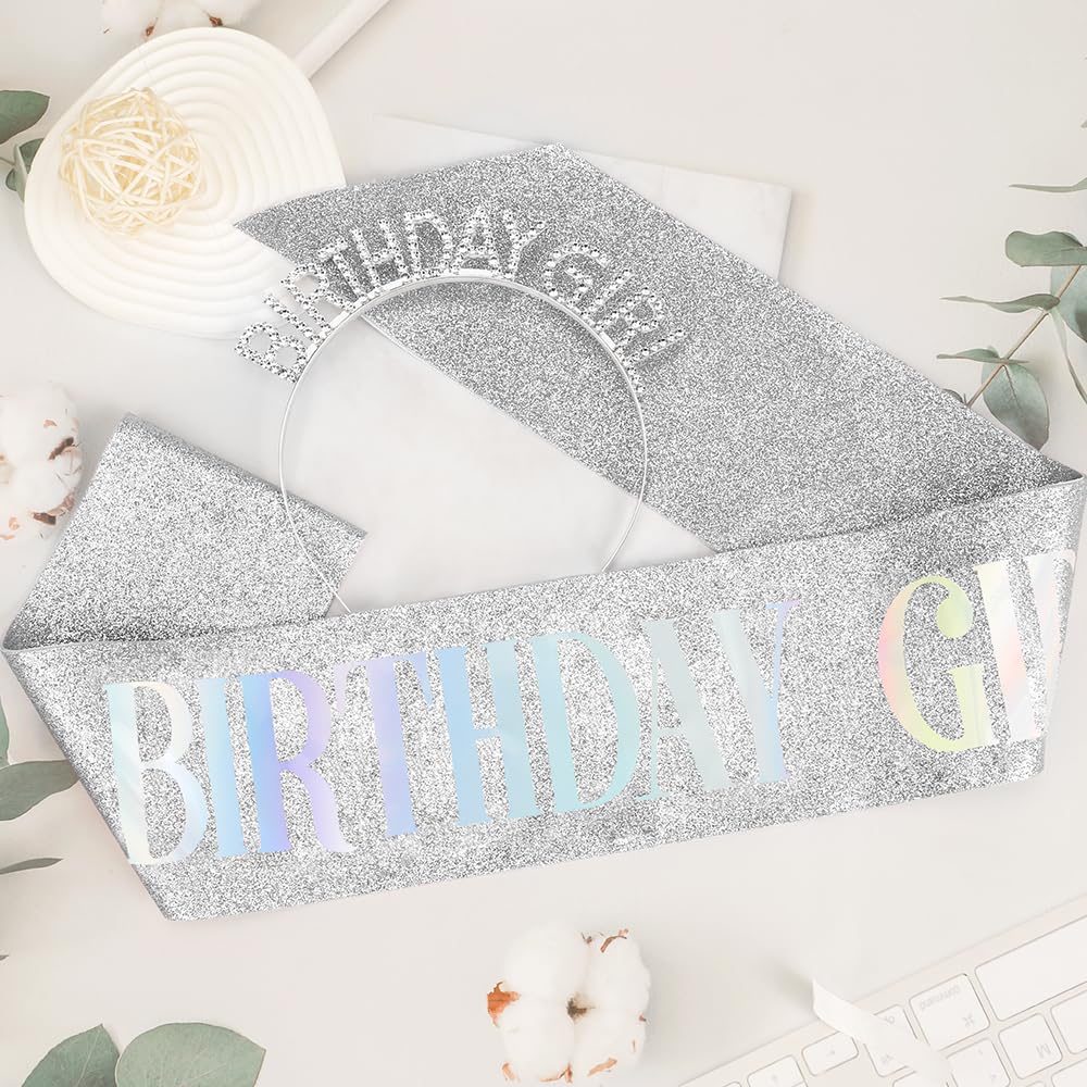 Birthday Crown Birthday Sash for Women, Birthday Girl Sash, Birthday Girl Crown, Glitter Silver Birthday Sash and Crown Rhinestone Headband Set, Happy Birthday Girl Princess Tiara Sash Accessories