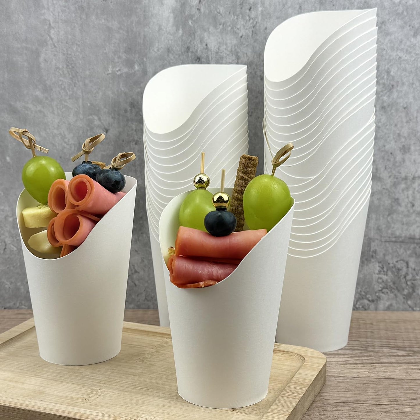 CAMKYDE 50 Charcuterie Cups + 200 Cocktail Picks + 56 Labels, 12 oz Disposable Charcuterie Cups with Sticks (2 Types), French Fry Cup White Paper Appetizer Cup for all Occasions(White)