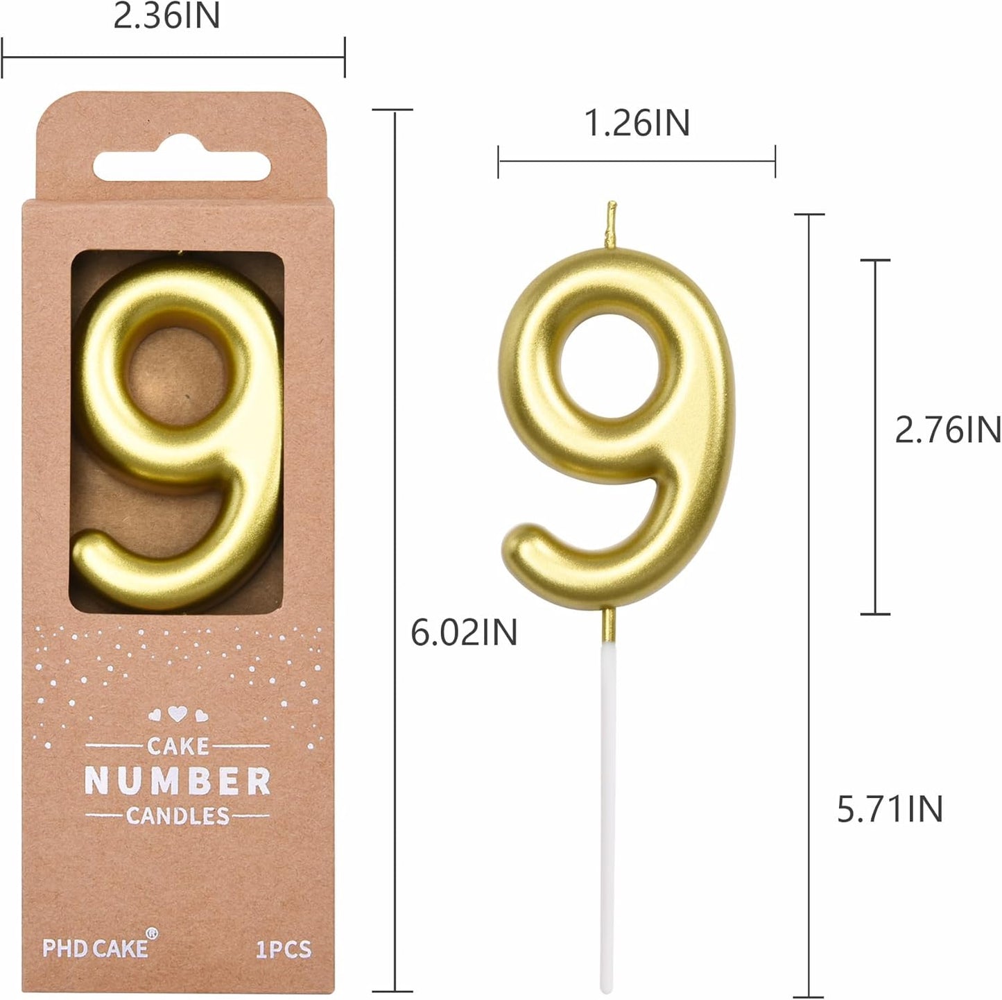 PHD CAKE 2.76 Inch Classical Gold 9 Number Birthday Candles, Cake Candles for Party Celebration