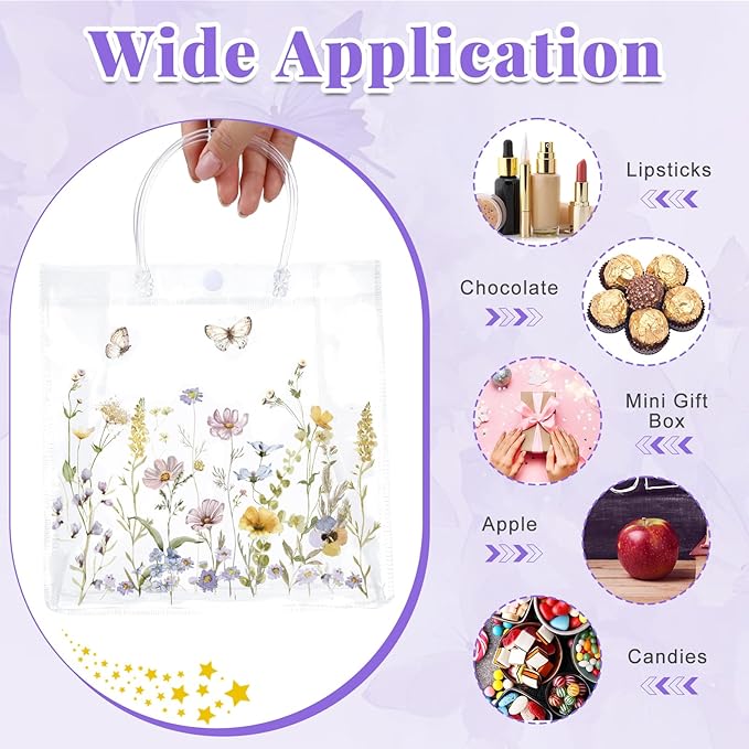 Kacctyen 24 Pcs Wildflower Gift Bags Wildflower Theme Clear PVC Bags with Handles Flower Party Favors for Wedding Birthday Baby Shower Party Supplies Return Gift Wrap Totes for Guests