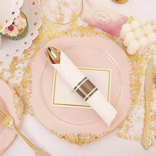 Nervure 175PCS Pink Plastic Plates - Disposable Pink Gold Party Plates & Pre Rolled Napkins with Cutlery for 25 Guests, 50Plates, 75Silverware, 25Cups, 25Napkin for Wedding & Party & Valentines