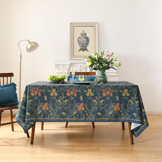 patdrea Designer Vintage Dark Blue Linen Square Tablecloth,French Rustic Floral Pattern Tablecloths,Decorative Table Cover Cloth for Kitchen,Dining,Tea Party,Home,Christmas,55"*55"