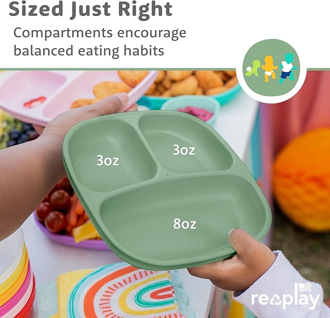 Re-Play Toddler Plates with Dividers - Deep-Walled 3 Compartments Divided Plates for Kids with 3 Lids - Dishwasher & Microwave Safe - Made in USA - Set of 3-7.37" x 7.37" x 1.25" - Beach Baby